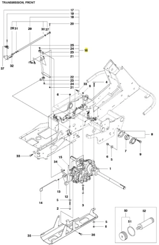 Zespół łącznika ridera R422Ts Husqvarna przedstawiony w detalach technicznych. Elementy są ukazane z przodu, obejmując mechanizm przekładni oraz mocowania. Widoczne numery części i oznaczenia. Tło proste, białe, ułatwiające analizę.