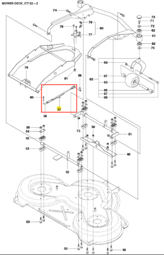 Metalowy zespół wału równoległego ridera R422Ts Husqvarna, srebrny, prostokątny, z mocowaniami i oznaczeniami numeru części, widok z boku, zamontowany na pokrywie kosiarki. Produkt nowy, do kosiarki Husqvarna.