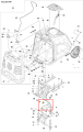 Serwomotor RC318T Husqvarna z logo, leżący na białym tle. Prostokątna, przezroczysta obudowa ukazująca wnętrze. Nowy produkt, delikatne detale montażowe i mocowania, część zestawu.