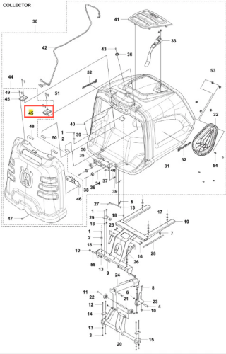 Zawias ridera RC318T Husqvarna, metalowy element mocujący w kolorze srebrnym, montowany na tylnej części kolektora. Widoczny w układzie części z podziałem na numery, z wyraźnym logo Husqvarna na obudowie.