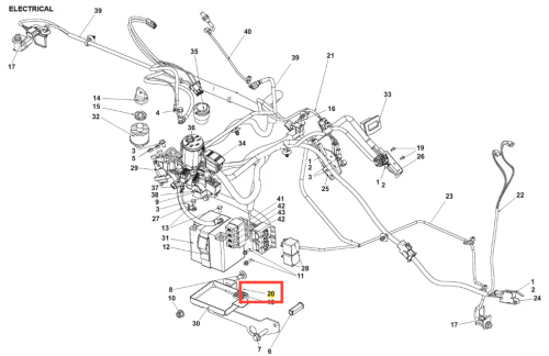 Schemat elektryczny nit ridera RC318T Husqvarna z silnikiem, przewodami, komponentami i miejscem mocowania, wszystko oznaczone numerami na białym tle.