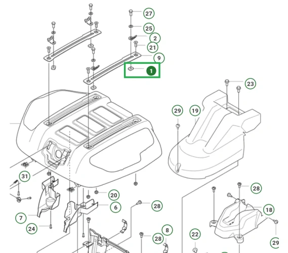 Schemat płyty ridera R200iX Husqvarna, z wyraźnymi detalami w kolorze szarym i czernią. Ujęcie z góry, ukazujące elementy konstrukcyjne, w tym mocowania i otwory. Widoczne numery części na diagramie, bez dodatkowych akcesoriów czy kontekstu.