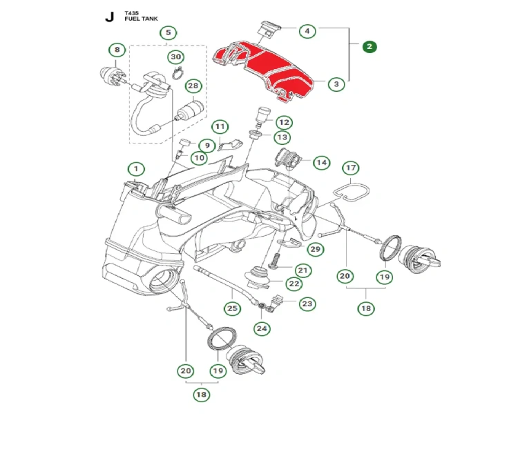 Pokrywa filtra powietrza pilarki Husqvarna T435 w kolorze czerwonym, z widocznymi detalami mocowania i otworami. Ujęcie z boku, pokazujące kształt i dopasowanie do silnika. Na białym tle, co podkreśla klarowność detali i charakterystyczne cechy.