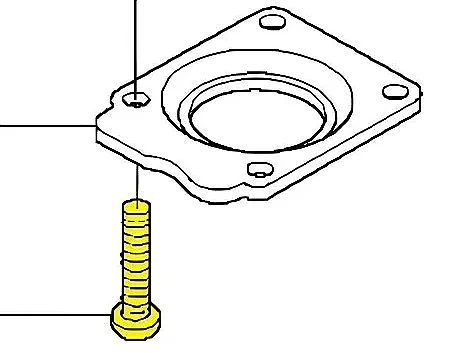 Śruba dmuchawy 150BF Husqvarna w kolorze żółtym, z gwintem i łbem o średnicy dopasowanej do złącza. Ujęcie frontalne z widocznym otworem montażowym. Nałożony na śrubę podkład z metalu, w formie płaskiej płytki.