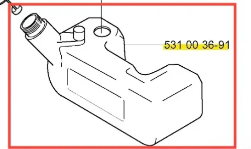 Zbiornik dmuchawy 155 BT Husqvarna, widok z boku, matowy, plastikowy, o prostokątnym kształcie z wycięciem na otwór. Widoczny gwint do mocowania, oznaczenie modelu 531 00 36-91. Białe tło, brak dodatkowych akcesoriów.