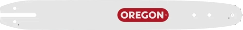 Prowadnica 14/3/8/1,3mm /49DL Oregon w kolorze białym z wyraźnym logo OREGON w czerwonym tle. Produkt leżący, widok z boku ukazujący otwory montażowe i gładką powierzchnię. Idealna do pił elektrycznych, sprawdza się w ogrodnictwie.