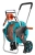 Zestaw bębna na wąż CleverRoll M Gardena, w kolorach błękitnym i pomarańczowym, z metalową ramą i ergonomiczną rączką. Wąż jest zwiniety w bębnie, z widocznym kółkiem transportowym. Ujęcie frontalne ukazuje produkt w pozycji stojącej.