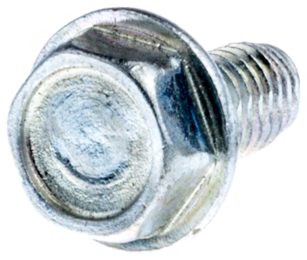 Śruba kosiarki LC 551VQ Husqvarna, metaliczna, z gwintem, z sześciokątną główką, w zbliżeniu. Widoczne detale gwintu oraz lekko matowa powierzchnia. Produkt leży na jednolitym tle, co podkreśla jego kształt i detale.