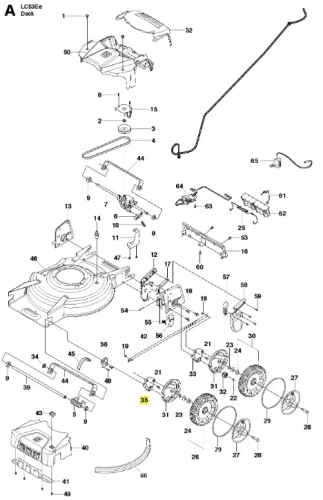 Ramię łączące złożenie kosiarki LC 53E Husqvarna w kolorze czarnym, metalowe, o prostym kształcie. Widoczne elementy montażowe, z przodu widać otwory na mocowanie. Ujęcie z boku, na białym tle, ukazuje detale konstrukcyjne.