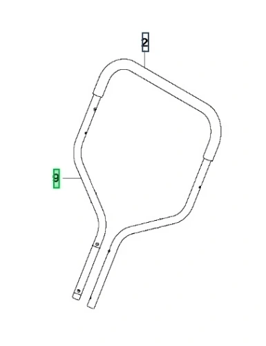 Zespół uchwytu kosiarki WB 53S e Husqvarna w kolorze białym, o prostokątnym kształcie. Widok z boku, pokazujący rury mocujące. Na uchwycie widoczny napis Husqvarna. Przyłącza do mocowania w kosiarkach. Starość produktu: nowy.