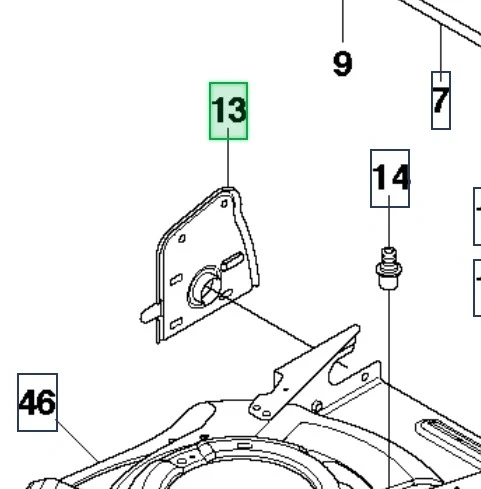 Wspornik prawy do uchwytu kosiarki Husqvarna LC 53E, szary metalowy, prostokątny, z otworem na śrubę. Widok boczny na neutralnym tle, widoczne detale mocowania.