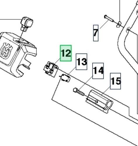 Zbliżenie schematu rozrusznika kosiarki Husqvarna LC 53E z detalem elementu 12 z logo oraz częściami 13, 14 i 15 w układzie montażowym.