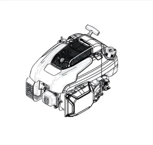 Silnik kosiarki LC 551VQ Husqvarna z boku, pokazujący uchwyt uruchamiania, otwór paliwa i logo. Kompaktowa, szara konstrukcja z czarnymi elementami, bez dodatkowych akcesoriów.
