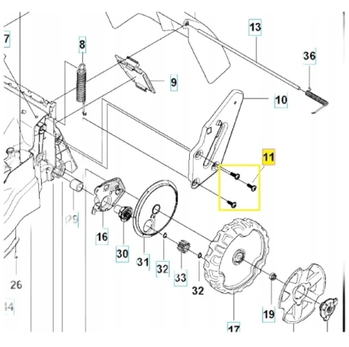 Śruba kosiarki LC 353VE Husqvarna, czarna, metalowa, o prostokątnym kształcie. Widoczne na schemacie numery 11, z dwoma gwintami na końcach. Położona poziomo w kontekście zestawienia części kosiarki, na tle białym, pod kątem w zbliżeniu.