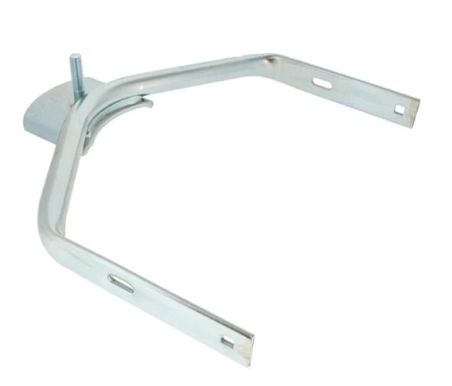 Srebrny uchwyt kosiarki Husqvarna WB 53S, metalowy z teksturowanym wykończeniem, z otworami montażowymi, wklęsły z jednej strony, prosty z drugiej, do naprawy kosiarki.