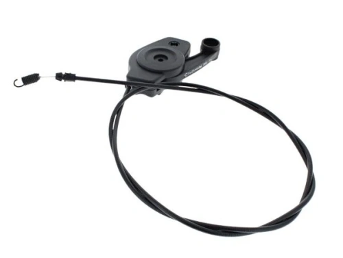 Kontrola napędu pro sh kosiarki WB 53S e Husqvarna, czarna obudowa z wyraźnym miejscem na kabel, mechanizmowy kształt, z linką zabezpieczającą. Produkt pokazany z boku, w neutralnym tle, idealny do montażu w urządzeniach ogrodowych.