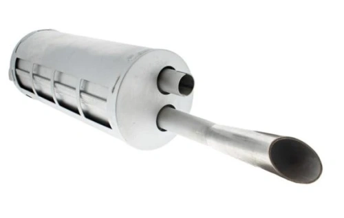 Zespół tłumika ridera RC318T Husqvarna, metaliczny, cylindryczny kształt w odcieniu srebrnym, widoczna podwójna końcówka rury wychodzącej. Ujęcie z boku, produkt leży na białym tle, ujawniając detale struktury i mocowania.