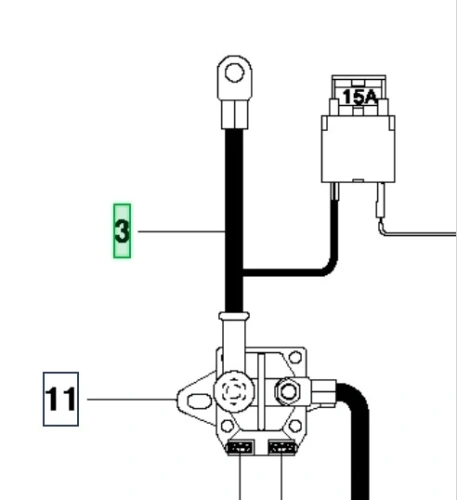 Przewód ridera R 111B Husqvarna, czarny, z końcówką w formie oczka, widoczny w zbliżeniu. Na elemencie elektrycznym widoczny napis 15A, z numerami 3 i 11 oznaczającymi położenie. Produkt w pozycji rozłożonej, na białym tle.