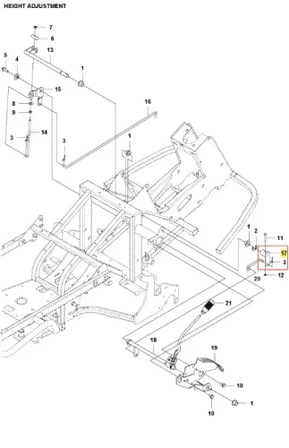 Diagram zespołu łącznika ridera RC318T Husqvarna z góry, pokazujący uchwyty, rurki, śruby, mechanizm regulacji wysokości i oznaczenia części na prostym tle.