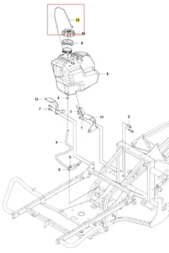 Rysunek techniczny drutu ridera RC318T Husqvarna pokazujący zbiornik paliwa (8) z zakrętką (10), przewody (4), mocowania (5, 6) oraz inne elementy konstrukcyjne.