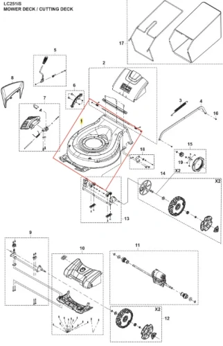 Podwozie kosiarki LC 251iS Husqvarna w ujęciu frontalnym, ukazane z przodu, w celu prezentacji okrągłego kształtu i uchwytów. Materiał syntetyczny, kolor czarny, z widocznymi elementami mocującymi i logo Husqvarna. Produkt do montażu.