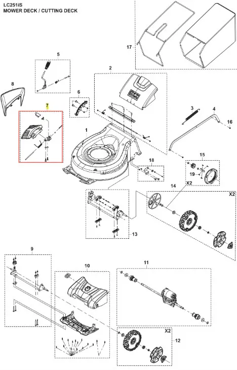 Zestaw kosiarki LC 251iS Husqvarna z płytą tnącą na białym tle, pokazujący wyraźne kontury, mocowania i oznaczenia. Płyta ma centralny okrągły otwór i krawędź z materiału.