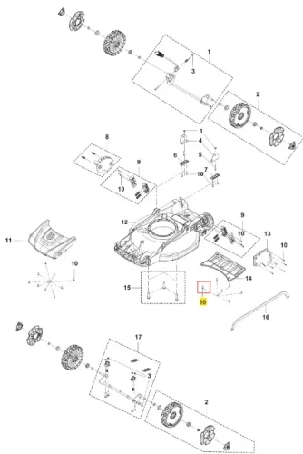 Metalowa srebrna śruba do kosiarki Husqvarna LB 144 z gwintem, okrągła, z oznaczeniami i zestawem mocowań, na białym tle z innymi częściami kosiarki.