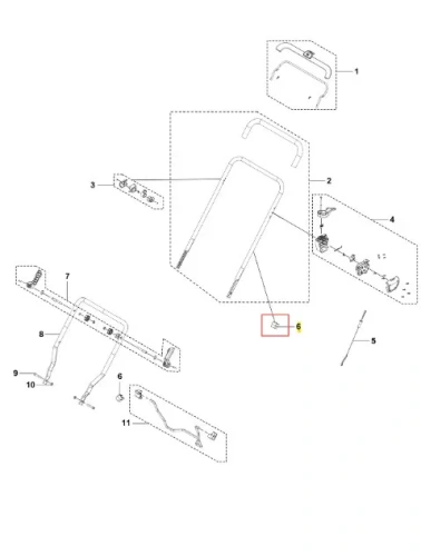 Zacisk kosiarki LB 144i Husqvarna, metalowy element w kolorze szarym, z różnymi widocznymi mocowaniami i detalami montażowymi. Prezentowany w widoku z góry, z poszczególnymi częściami rozłożonymi obok, pokazującymi ich pozycję i układ.