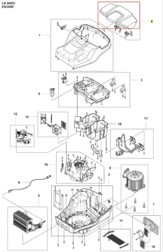 Pokrywa silnika LB 448iV Husqvarna, w kolorze czarnym, wykonana z tworzywa sztucznego. Ułożona w pozycji poziomej, z wyraźnymi detalami w postaci mocowań. W tle prosty, jasny schemat techniczny, ukazujący inne elementy.