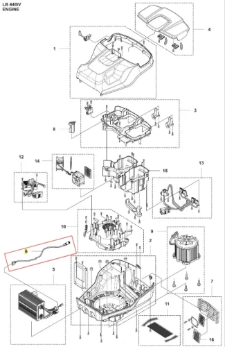 Czarny zestaw przewodów do kosiarki LB 448iV Husqvarna, elastyczny, gładki, wygięty w kształt litery S, z jednoczęściowym mocowaniem. Ujęcie z boku na białym tle z detalami.