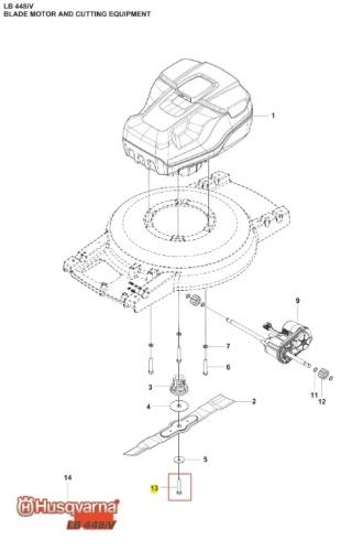 Śruba metalowa do kosiarki Husqvarna LB 448iV, srebrna, cylindryczna, nowa, widoczna na tle części kosiarki, leżąca, zbliżenie na mechanizm mocowania, ważny element zespołu tnącego.