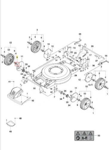 Podkładka dystansowa M53S/M48S kosiarki LB 448iV Husqvarna, okrągła, w kolorze czarnym, plastikowa, z gładką teksturą. Widoczna z boku, w kontekście zestawu części. Wyróżniają ją otwory montażowe, ułatwiające instalację. Na białym tle.