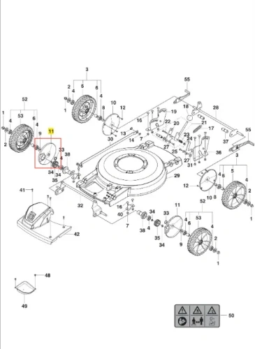 Szara, okrągła osłona koła napędowego kosiarki Husqvarna LB 448iV ze szczegółami podłączeń i numerami części na schemacie montażowym, bez wzorów i logo.