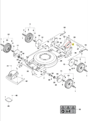 Sprężyna kosiarki Husqvarna LB 448iV, metalowa, okrągła, centralna część mechanizmu, oznaczona na diagramie jako element nr 23 na czerwono, widok z góry jako część zamienna.