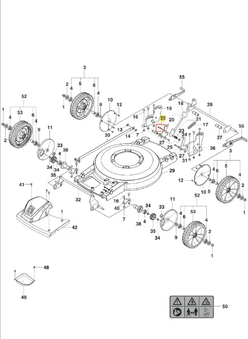 Zestaw elementów do kosiarek Husqvarna, w tym śruba M6x40 10.9. Widok z góry, pokazujący rozkład części, w tym koła, elementy mocujące oraz napisy z numerami części. Tło białe, elementy w różnej wielkości i kształcie.