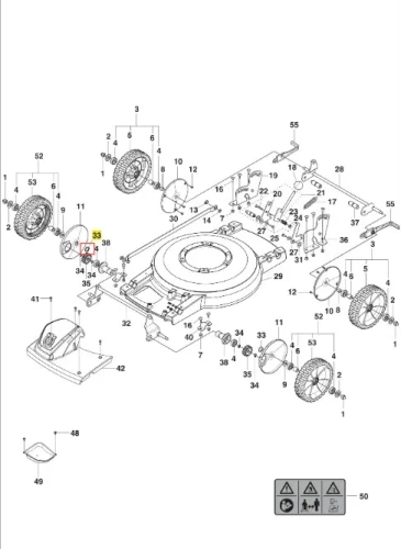 Sprężyna kosiarki LB 448iV Husqvarna, metalowa, okrągła, w kolorze srebrnym, widoczna w zbliżeniu. Element umieszczony na schemacie eksploatacyjnym, obok innych części, w tym kół i silnika. Bez napisów, na prostym tle.