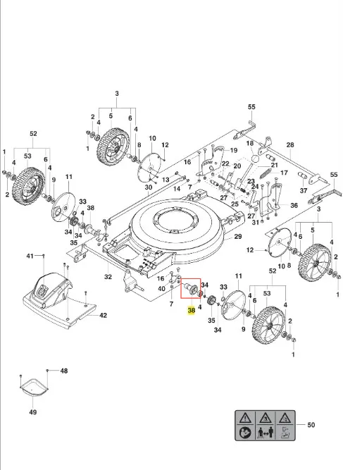 Schemat przedstawiający trzonek kosiarki LB 448iV Husqvarna, z elementami montażowymi, kołami oraz mechanicznymi detalami. Ujęcie z góry, z widocznymi numerami części. Tło białe, co podkreśla detale konstrukcji.