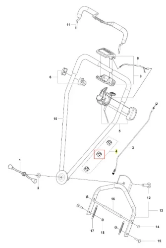Zacisk kosiarki LB 448iV Husqvarna, metalowy, z odlewu. Ukazany z boku na białym tle. Widoczne mocowania, śruby oraz elementy regulacyjne. Części jasno oznaczone numerami. Kształt prostokątny, z ergonomicznym uchwytem i otworami do montażu.