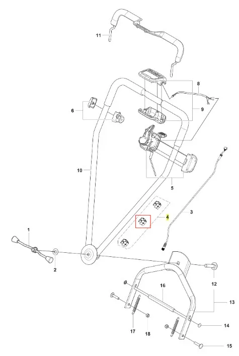 Zacisk kosiarki LB 448iV Husqvarna, metalowy, z odlewu. Ukazany z boku na białym tle. Widoczne mocowania, śruby oraz elementy regulacyjne. Części jasno oznaczone numerami. Kształt prostokątny, z ergonomicznym uchwytem i otworami do montażu.