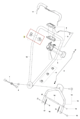 Metalowy wspornik kosiarki LB 448iV Husqvarna, czarny. Widok frontalny z mocowaniami, śrubami i nakrętkami na białym tle, uwidaczniający szczegóły konstrukcji.