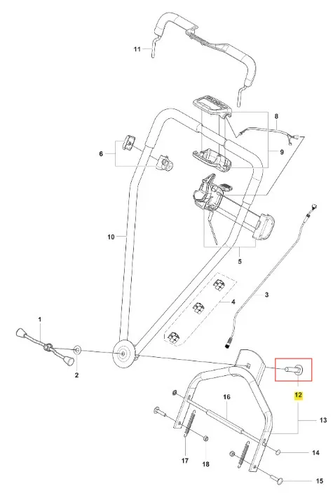 Śruba M12x55 (8.8) do kosiarki LB 448iV Husqvarna, metalowa, o walcowatym kształcie, montowana w ramach, widoczna w zbliżeniu na schemacie części. Ułożona poziomo, otoczona innymi elementami. Przeznaczona do mocowania części w urządzeniu.