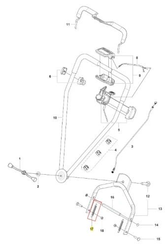 Sprężyna kosiarki LB 448iV Husqvarna, metalowa sprężyna z płaskim kształtem, umieszczona w części mechanizmu. Ujęcie z boku, wysoka widoczność detali, jasno podkreślone miejsca mocowania. Zestaw z widocznymi oznaczeniami numerów części.