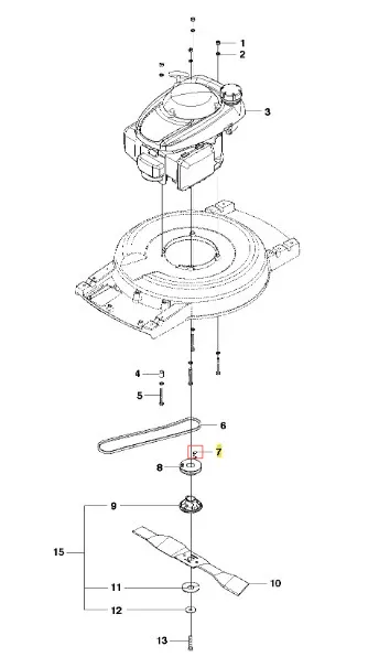 Zbliżenie na schemat techniczny śruby M8x12 ST ZPB Lock, z oznaczeniem numeru 7. Zawiera elementy mocujące oraz podkładkę. Widoczne detale i kształt, w kolorze srebrnym ze stali, wskazujące na zastosowanie w kosiarkach Husqvarna, model WB 53S.
