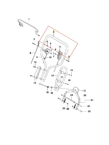 Szkic uchwytu kosiarki WB 53S e Husqvarna z wyraźnym numerowaniem elementów. Widok boczny, ukazujący detale konstrukcji, w tym mocowania i mechanizmy. Na białym tle, układ prosty, z numerami ułatwiającymi identyfikację części.