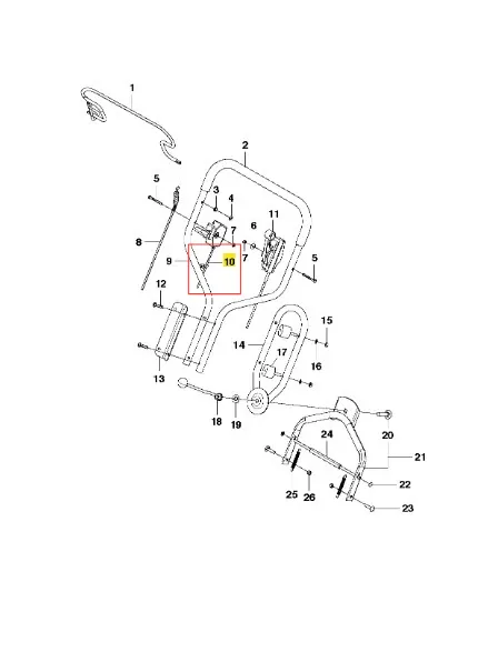 Fragment schematu dźwigni gazu do kosiarki Husqvarna WB 53S. Element metalowy o prostokątnym kształcie, z widocznymi numerami części. Umieszczony na złożonym tle, z innymi komponentami mechanizmu wokół. Szczegóły mocowania i struktury.