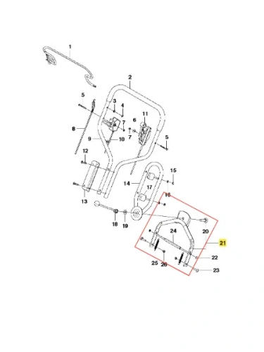 Zespół uchwytu kosiarki Husqvarna WB 53S e, szary metalowy korpus, rączka z elementami mocującymi, widok frontalny, gotowy do montażu, widoczne detale techniczne.