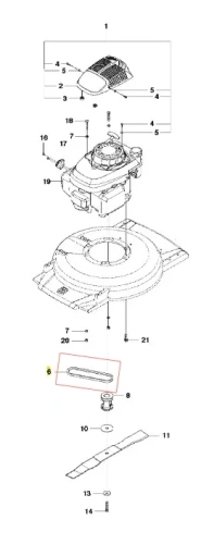 Pasek kosiarki WB 53S e Husqvarna, prostokątny, metalowy o wyraźnych krawędziach. Widać mocowania z obu końców, kolor szary. Element leży poziomo na białym tle, z wyraźnie widocznymi detalami konstrukcji. Idealny do wymiany w kosiarkach.