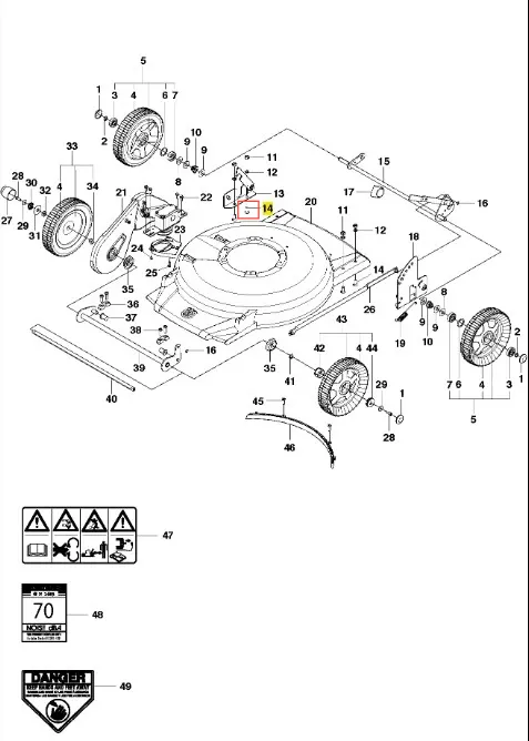 Śruba M8 x 18 do kosiarki WB 53S Husqvarna, metaliczna, o średnicy 8 mm i długości 18 mm. Widoczna na schemacie z oznaczeniem, w kontekście montażu. Podkreślona w czerwonym prostokącie. Tło rysunku technicznego w monochromatycznych strefach.