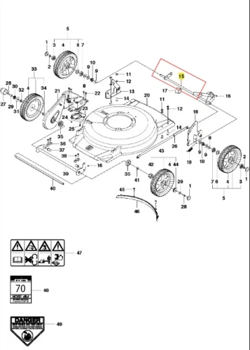 Schemat tylnej osi kosiarki Husqvarna WB 53S z napisem „15” na metalicznym elemencie mocującym, widok z góry na metalowe części, detale montażowe i kółka. Tło białe, proste.