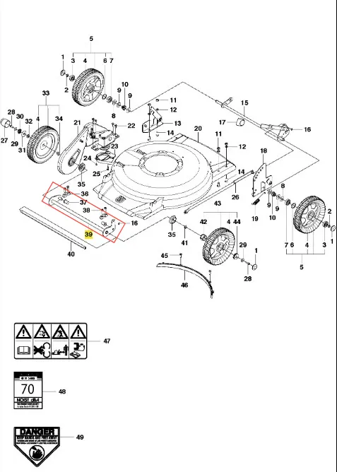 Oś przednia kosiarki WB 53S Husqvarna, metalowa, prostokątna, w kolorze srebrnym. Widok z góry, leżąca na płaskiej powierzchni. Widać oznaczenia i numery części, w tym numer 39. Tło jednolite, ułatwiające identyfikację produktu.